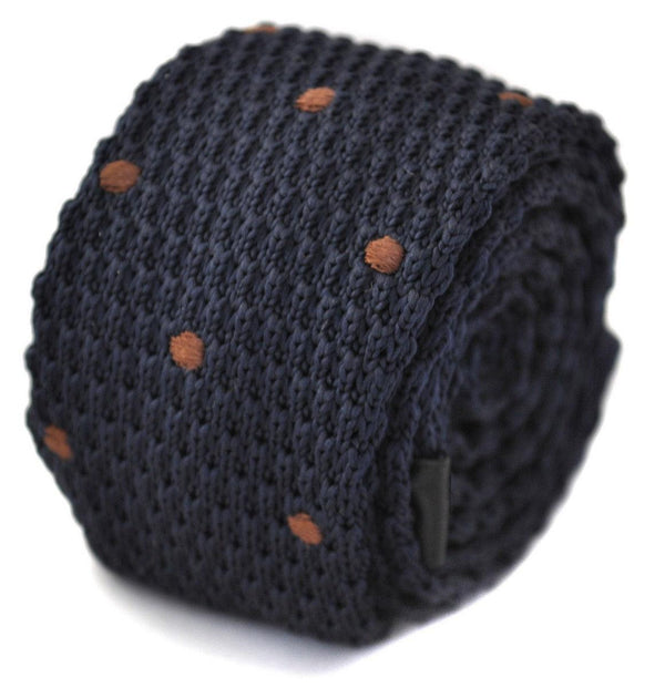 navy blue skinny knitted tie with brown polka dots